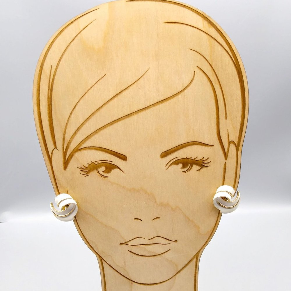 Vintage Crown Trifari White Swirl Earrings, Gold Tone and Enamel Dimensional